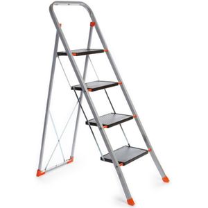 Trapladder, 4 treden, inklapbaar, huishoudtrap met hoge beugel, antislipvoetjes en antislipprofiel op de twee treden, epoxycoati