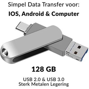 Multifunctioneel USB-Stick 128GB Metal | Simpel data, fotos en videos overzetten van of naar Smartphones en Tablets | 128GB geheugen ingebouwd | USB 2.0 & USB 3.0 | Robuust Metalen legering |Makkelijk aan een sleutelbos vast te maken