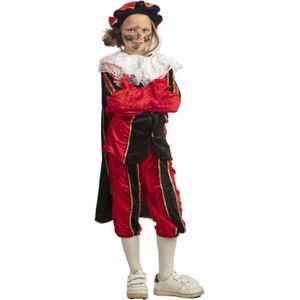 Piet Verkleed Kostuum 4-delig - Rood/Zwart - Polyester - Pietenpakken Voor Kinderen 140