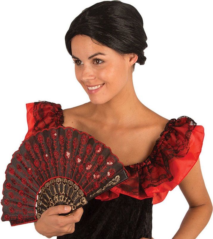 Spaanse hand waaier zwart met rood 24 cm