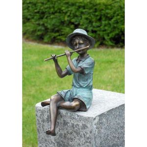 Tuinbeeld - bronzen beeld - Jongen met fluit - Bronzartes - 20 cm hoog