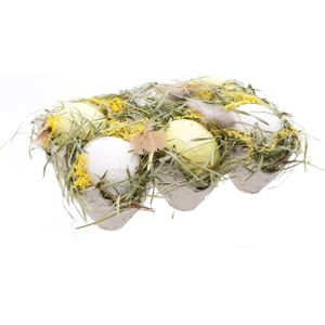 Set van 6x stuks kunststof paaseitjes geel in karton 6 cm - Paaseitjes voor Paastakken - Paasversiering/decoratie Pasen