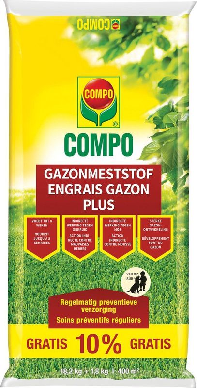 COMPO Gazonmeststof Plus - met indirecte werking tegen onkruid en mos - voedt tot 8 weken lang - zak 18,2 kg + 1,8 kg gratis (400 m²)