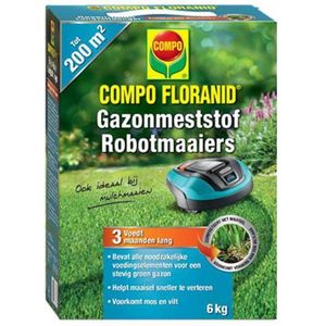 COMPO Floranid Gazonmeststof Robotmaaiers, voedt 3 maanden lang, voedingselementen voor een stevig, groen gazon, helpt maaisel sneller te verteren, voorkomt mos en vilt, 6 kg
