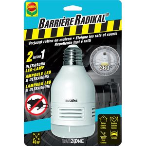Barrière Radikal Ultrasone LED-lamp - verjaagt ratten en muizen - 360° variërende ultrasone golven - voor zolder, keuken en garage - 1 stuk