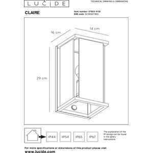 Lucide CLAIRE - Wandlamp Binnen/Buiten - 1xE27 - IP54 - Beweging & dag/nacht sensor - Antraciet