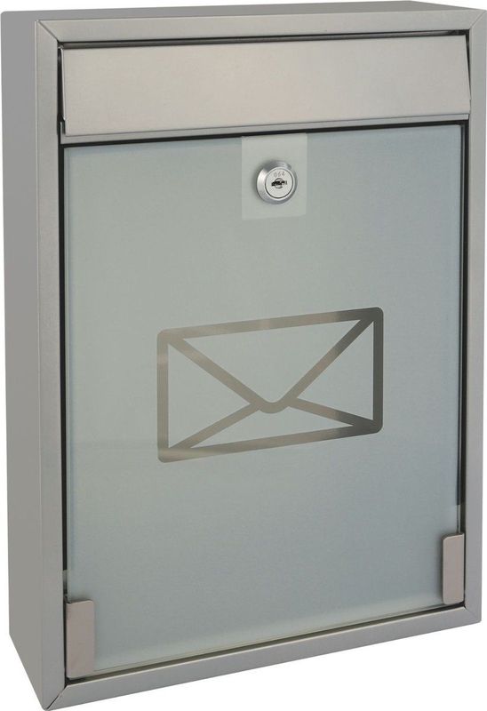 Perel Brievenbus Milan, wandmontage, glazen front, incl. 2 sleutels, afmetingen (H x B x D) 36 x 26 x 8 cm, zilverkleurig