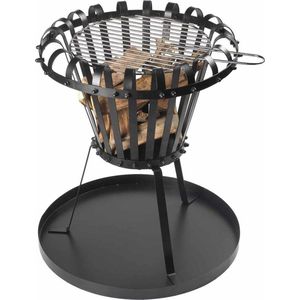 Perel Vuurkorf, met verchroomd grillrooster, bodemplaat, rond, 53.5 x Ø 50 cm, gecoat metaal, zwart