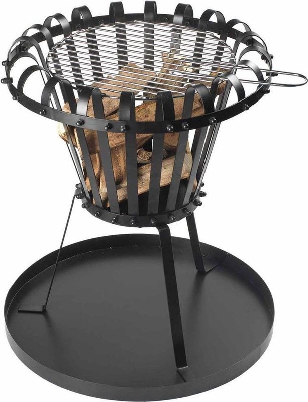 Perel Vuurkorf, met verchroomd grillrooster, bodemplaat, rond, 53.5 x Ø 50 cm, gecoat metaal, zwart