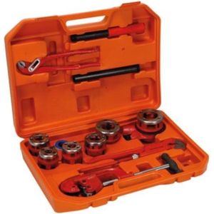 Toolland Draadsnijset, 12-delig, 1/2"" - 3/8"" - 3/8"" - 3/4"" - 1"" - 1 1/4"", ratelsleutel, buistang, buissnijder, waterpomptang, afdichtigstape, in koffer