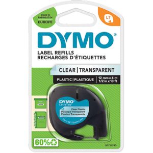 Dymo LetraTag Authentieke kunststof tape, 1,2 cm x 4 m, zwart op transparant, voor DYMO LetraTag etiketteerapparaat
