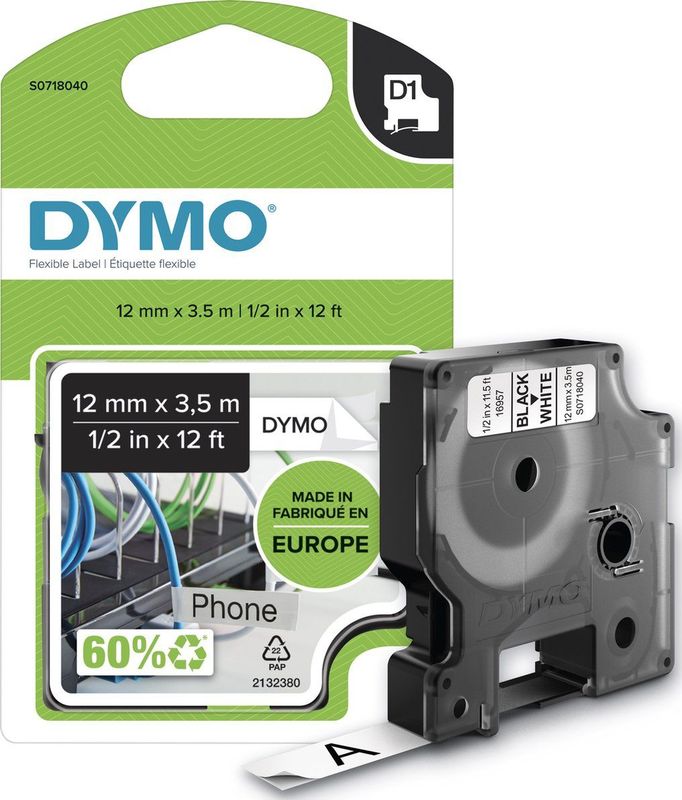 Dymo - Etiketteringstape D1 - Wit - 1.20 cm - Waterdicht en Krasbestendig