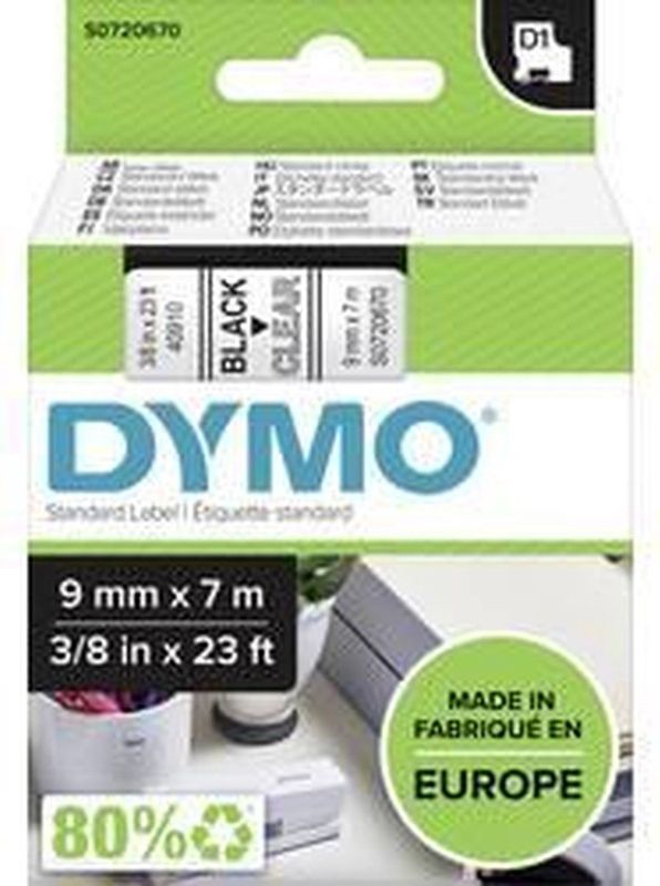 Dymo - 40910 - Labeltape - Zwart op Transparant - Polyester - 9mm x 7m