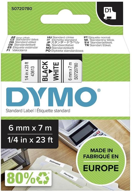 Dymo - 43613 - Labeltape - Zwart op Wit - Polyester - 6mm x 7m