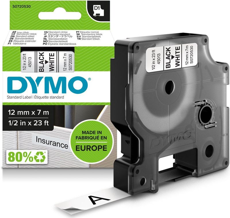 DYMO Authentieke D1 labels Zwart-Wit (12 mm x 7 m)