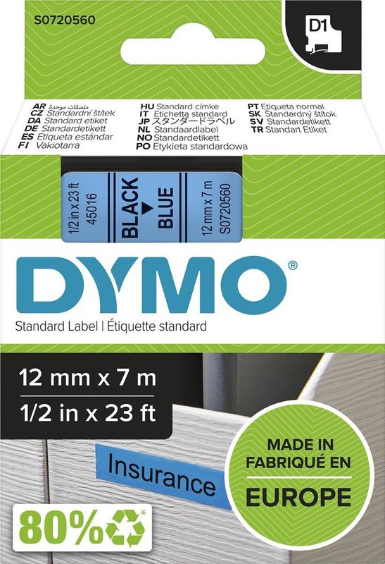 Dymo - LabelManager D1 - Labeltape - 12mm - Zwart op Blauw - Polyester