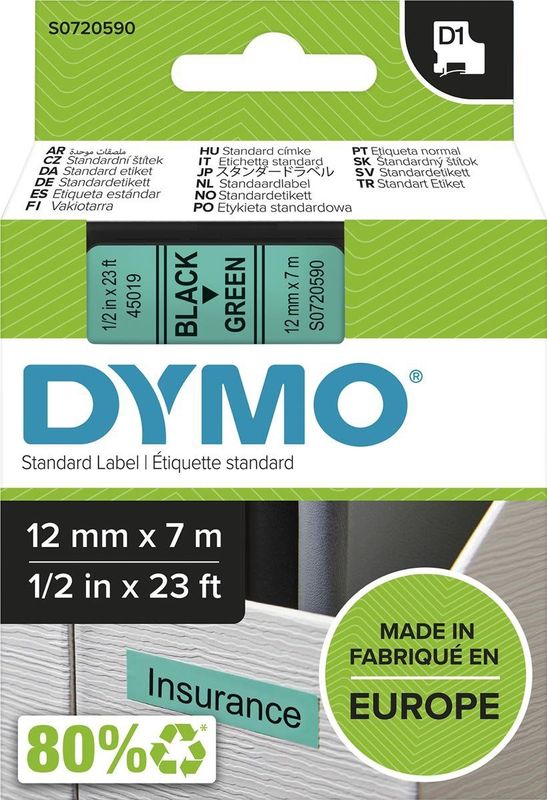 Dymo - D1 Labeltape - 12mm - Zwart op Groen - Polyester - 7m