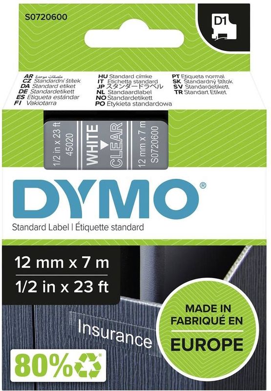 Dymo D1 tape 12 mm, wit op transparant