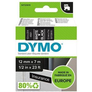 DYMO D1 Originele zelfklevende etiketten, wit gedrukt op zwarte achtergrond, 12 mm x 7 m, voor LabelManager labels