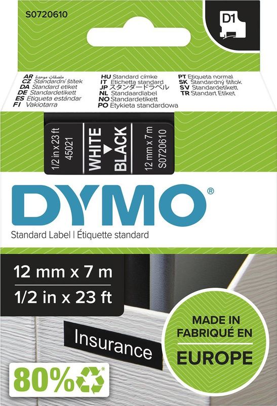Dymo - 45021 - Labeltape - Wit op Zwart - Polyester - 12mm x 7m