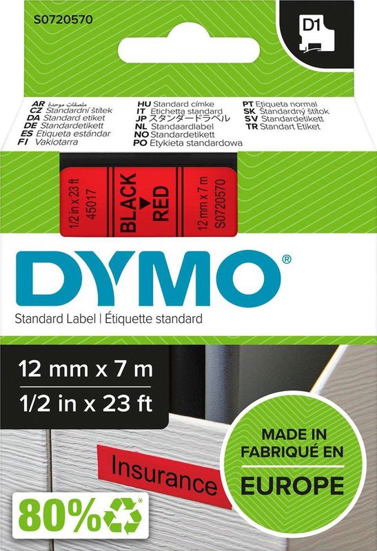 DYMO - D1 Labels - Rood - 12 mm x 7 m - Zelfklevende Etiketten voor LabelManager