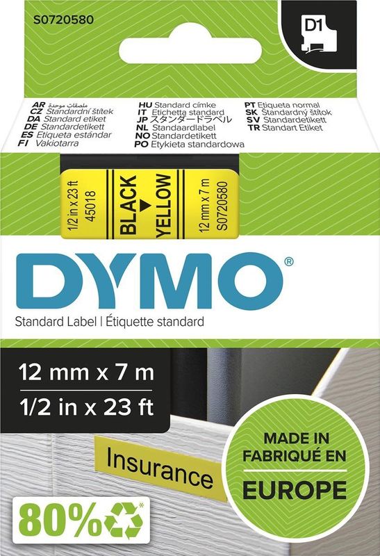 Dymo - LabelManager D1 - Labeltape - Zwart op Geel - Polyester - 12mm - 5 Stuks