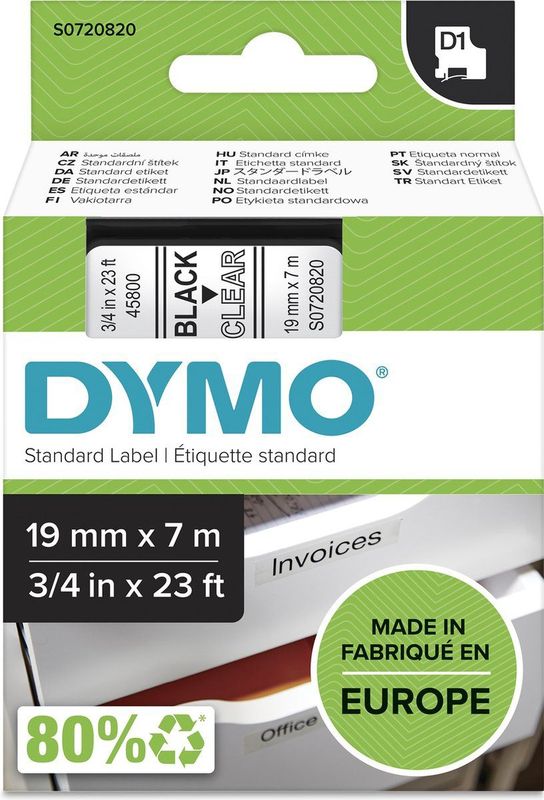 Dymo - LabelManager D1 - Labeltape - 19mm - Zwart op Transparant - Polyester