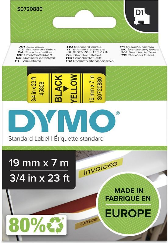 DYMO - D1 Labels - Zwart op Geel - 19 mm x 7 m - Zelfklevend Etiket
