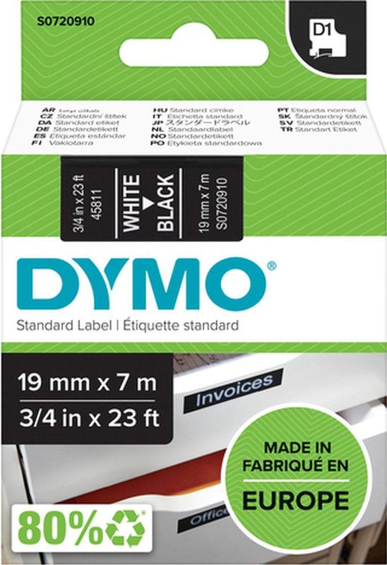 DYMO - D1 Labels - Wit op Zwart - 19 mm x 7 m - Zelfklevende Etiketten