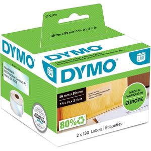 DYMO originele grote LabelWriter adreslabels | 36 mm x 89 mm | 2 rollen met elk 130 labels (260 zelfklevende etiketten) | Geschikt voor de LabelWriter labelprinters | Gemaakt in Europa