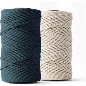 Ledent macramé touw, (3mm, 2 x 120M, marineblauw & ecru), dubbel getwist, set van 2 - 100% geregenereerd katoenkoord - Macramé touw in verschillende kleuren om mee te knutselen.