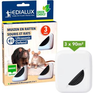 Edialux Ultrasonic Defend Muizen en Ratten, 3-pack, ultrasone ratten- en muizenverjager, bescherm je huis veilig en effectief, 100% veilig in gebruik, eenvoudige plug-and-play installatie, max. 90 m²