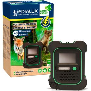 Edialux Ultrasonic Defend Vossen & Marters Flash, ultrasone vossen- en marterverjager met flits, bescherm je tuin veilig en effectief, werkt op batterijen of met adapter, max. 200 m²