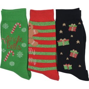 GIFTBOX KERST - JINGLEBELLS - 3 paar kerstsokken - Met glitter - maat 36/41 - Hoogwaardige katoen