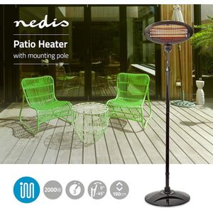 Nedis Patio Verwarmer - 2000 W - 3 Warmte Standen - Omvalpreventie - IP34 - Zwart