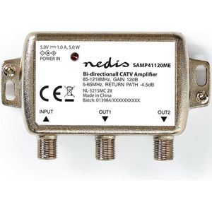 Nedis - CAI Antenneversterker - Grijs - 12 dB - 2 Uitgangen - Retourgeschikt