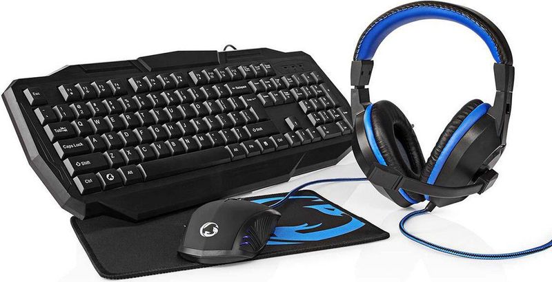 Nedis - GCK41100BKIT Gaming Combo Kit - Toetsenbord - Koptelefoon - Muis - Muismat - Blauw / Zwart