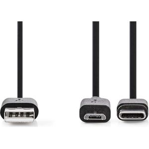 Nedis 2-in-1-Kabel | USB 2.0 | USB-A Male | USB Micro-B Male / USB-C™ Male | 480 Mbps | 1.00 m | Vernikkeld | Rond | PVC | Zwart | Label - CCGL60610BK10