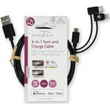 Nedis 3-in-1-Kabel - USB 2.0 - USB-A Male - Apple Lightning 8-Pins / USB Micro-B Male / USB-C Male - 480 Mbps - 1.00 m - Vernikkeld - Rond - PVC - Zwart - Label