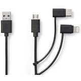 Nedis 3-in-1-Kabel - USB 2.0 - USB-A Male - Apple Lightning 8-Pins / USB Micro-B Male / USB-C Male - 480 Mbps - 1.00 m - Vernikkeld - Rond - PVC - Zwart - Label