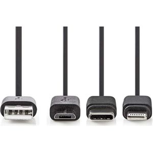 Nedis 3-in-1-Kabel | USB 2.0 | USB-A Male | Apple Lightning 8-Pins / USB Micro-B Male / USB-C Male | 480 Mbps | 1.00 m | Vernikkeld | Rond | PVC | Zwart | Label - CCGL60620BK10