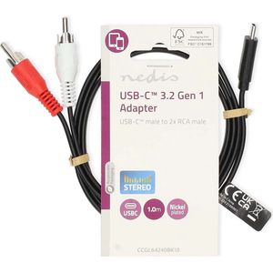 Nedis USB-C Adapter - USB 3.2 Gen 1 - USB-C Male - 2x RCA Male - 1.00 m - Rond - Vernikkeld - PVC - Zwart - Label - 5412810438358