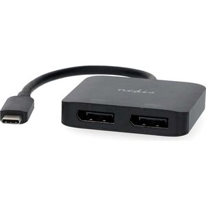 Nedis USB-C Adapter - USB 3.2 Gen 1 - USB-C stekker - 2X DisplayPort Female - 4K @60Hz - 0,20 m - Rond - Vernikkeld - PVC - Zwart - Box