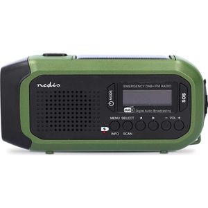 Noodradio, draagbaar, DAB+, FM, werkt op batterijen, zwengel, stroomvoorziening op zonne-energie, stroomvoorziening via USB, wekker, groen/zwart