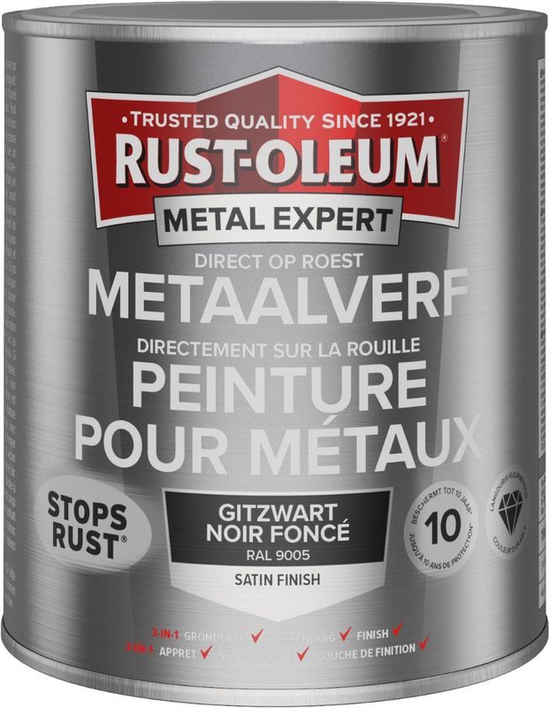 Rust-Oleum Metal Expert Metaalverf - Direct Op Roest - Zijdeglans - RAL9005 - 750ml