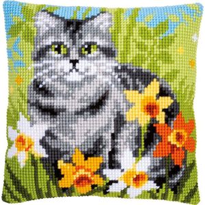 Vervaco Kreuzstichkissen ""Katze zwischen Blumen"", Stickbild vorgezeichnet, 40x40cm