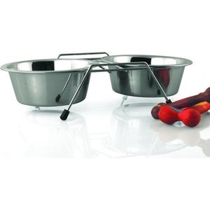 Duvoplus - Voerbak - Hond - Dinner Set Draadstaander + Kommen 950ml - M - 2xø16cm Zilver - 1st