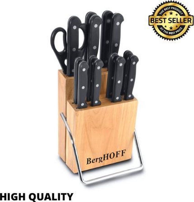 BergHOFF Messenblok met messen - 15delig messenblok - RVS - Handgeslepen - Professioneel - Hout