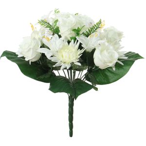 Louis Maes Kunstbloemen boeket roos/orchidee/crysant - wit - H36 cm - Bloemstuk - Bladgroen