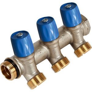 Henco verdeler met afsluitkranen 1" - 2xEK3/4" blauw